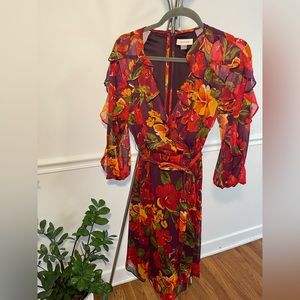 Calvin Klien V Neck Floral Long Ruffle Sleeve Floral Faux Chiffon Wrap